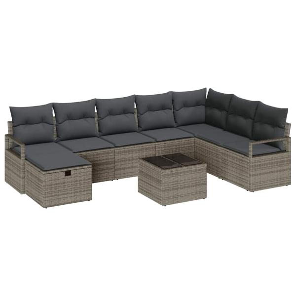 9-teiliges Garten Sofa Set mit Kissen Grau Poly Rattan, 2-Sitzer Garten Sofa mit Kissen Grau Poly Rattan