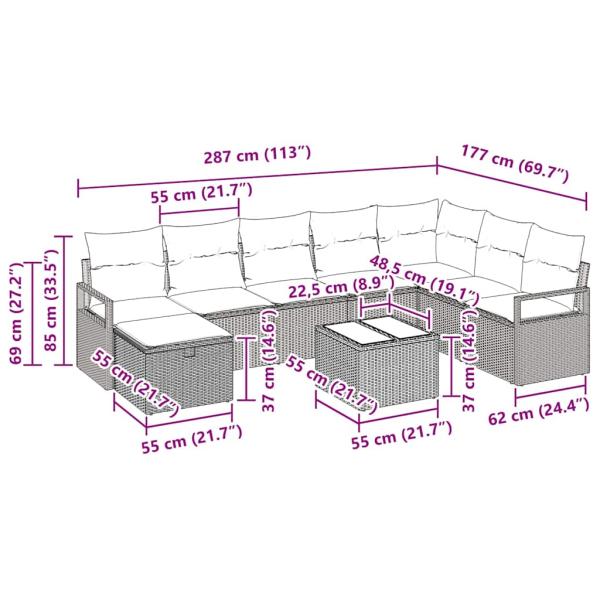 9-teiliges Garten Sofa Set mit Kissen Grau Poly Rattan, 2-Sitzer Garten Sofa mit Kissen Grau Poly Rattan
