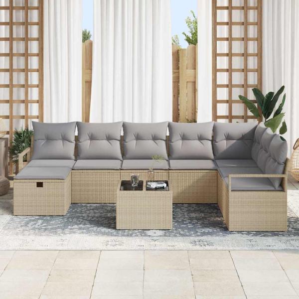 9-teiliges Garten Sofa Set mit Kissen Beige Poly Rattan, 2-Sitzer Garten Sofa mit Kissen Beige Poly Rattan
