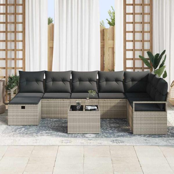 9-teilige Garten Sofa Set mit Kissen Hellgrau Poly Rattan, 2-Sitzer Garten Sofa mit Kissen Grau Poly Rattan