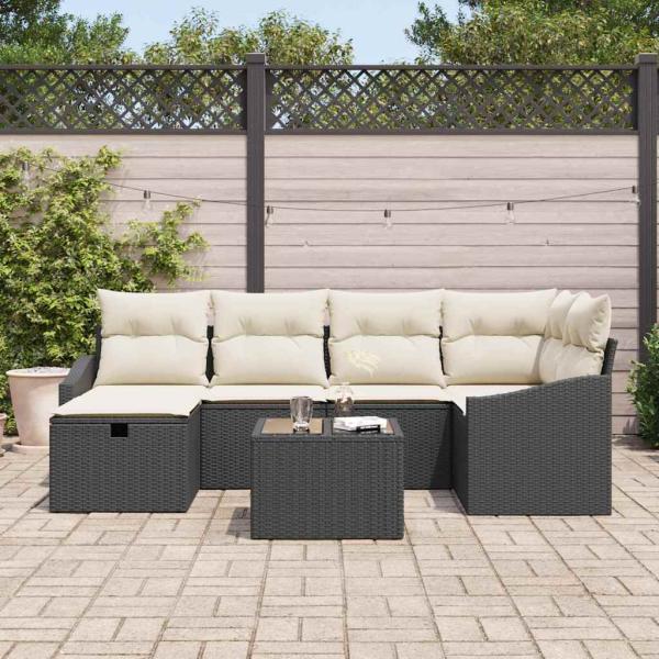 7-teiliges Garten-Sofa-Set mit Kissen Schwarz Poly Rattan