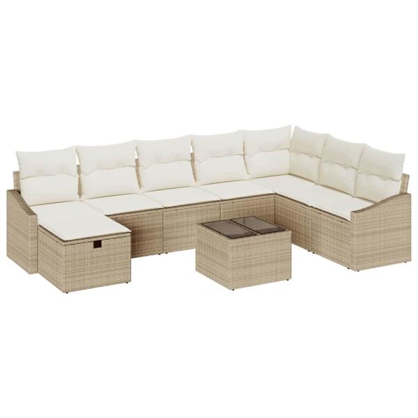 9-teiliges Garten Sofa Set mit Kissen Beige Poly Rattan