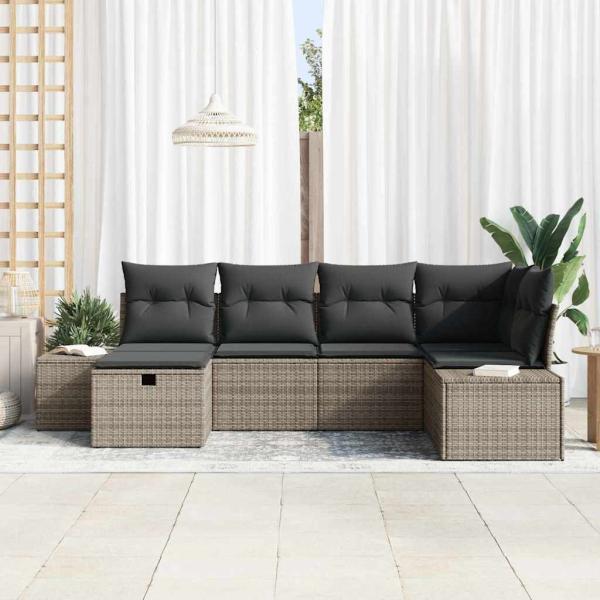 6-teilige Garten Sofa Set mit Kissen Grau Poly Rattan