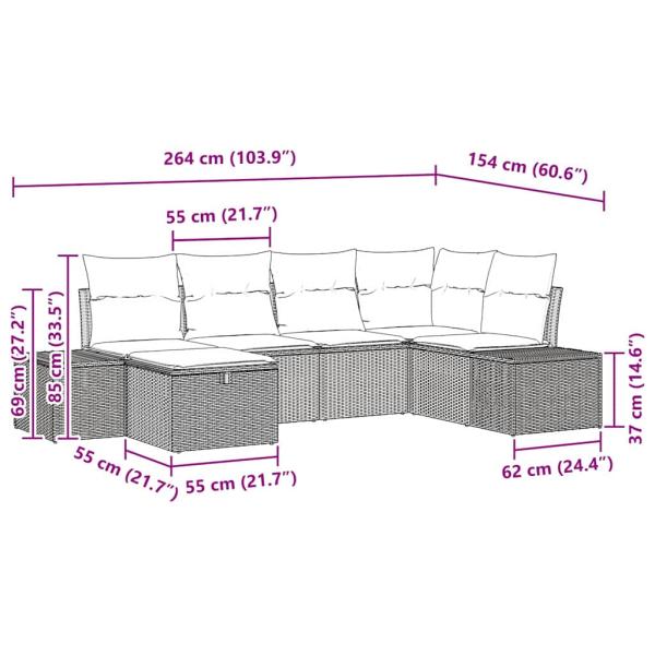 6-teilige Garten Sofa Set mit Kissen Grau Poly Rattan