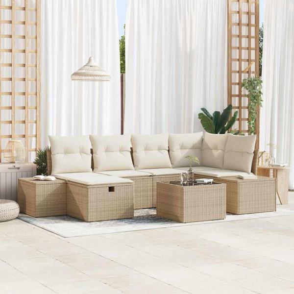 ARDEBO.de - 7-teilige Garten Sofa Set mit Kissen Beige Poly Rattan