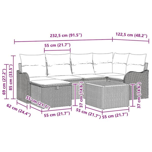 7-teiliges Garten Sofa Set mit Kissen Schwarz Poly Rattan, 2-Sitzer Garten Sofa mit Kissen Schwarz Poly Rattan