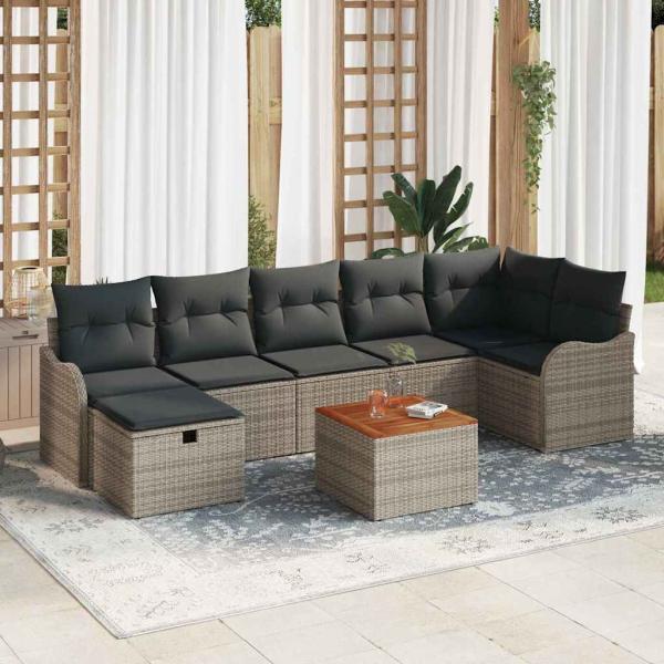 ARDEBO.de - 8-teiliges Garten Sofa Set mit Kissen Grau Poly-Rattan, 2-Sitzer Garten Sofa mit Kissen Grau Poly-Rattan