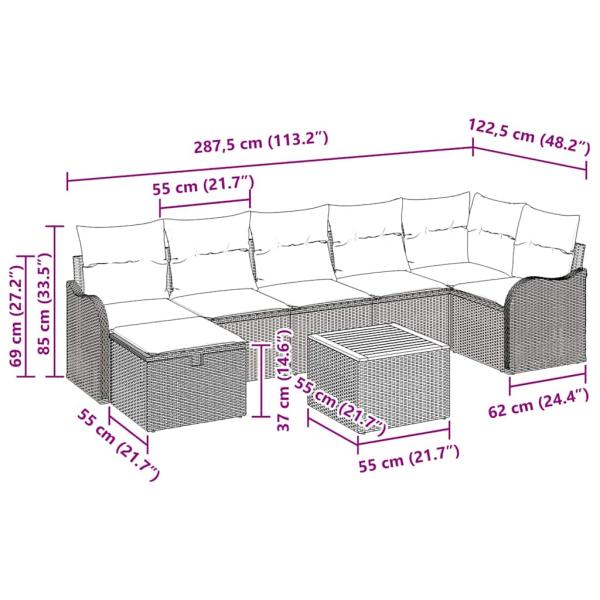 8-teiliges Garten Sofa Set mit Kissen Grau Poly-Rattan, 2-Sitzer Garten Sofa mit Kissen Grau Poly-Rattan