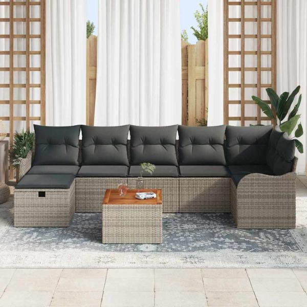 8-teiliges Garten Sofa Set mit Kissen Grau Poly-Rattan, 2-Sitzer Garten Sofa mit Kissen Grau Poly-Rattan