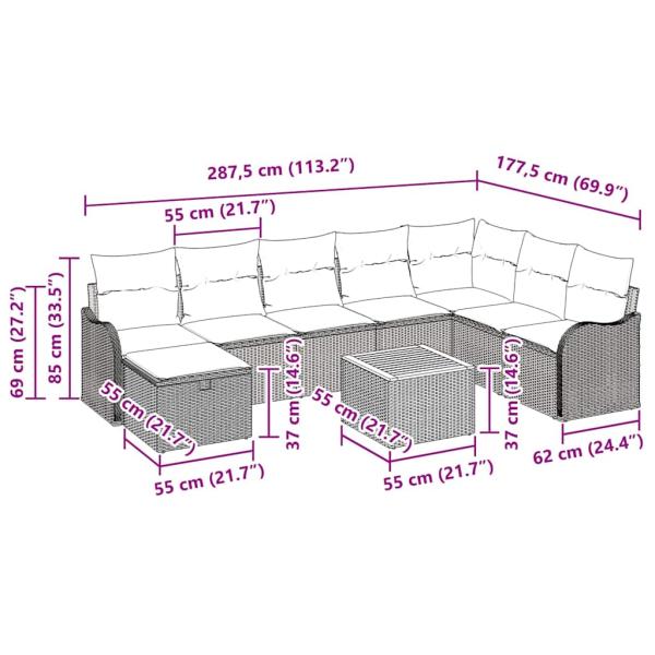 9-teiliges Garten Sofa Set mit Kissen Grau Poly Rattan, 2-Sitzer Garten Sofa mit Kissen Grau Poly Rattan