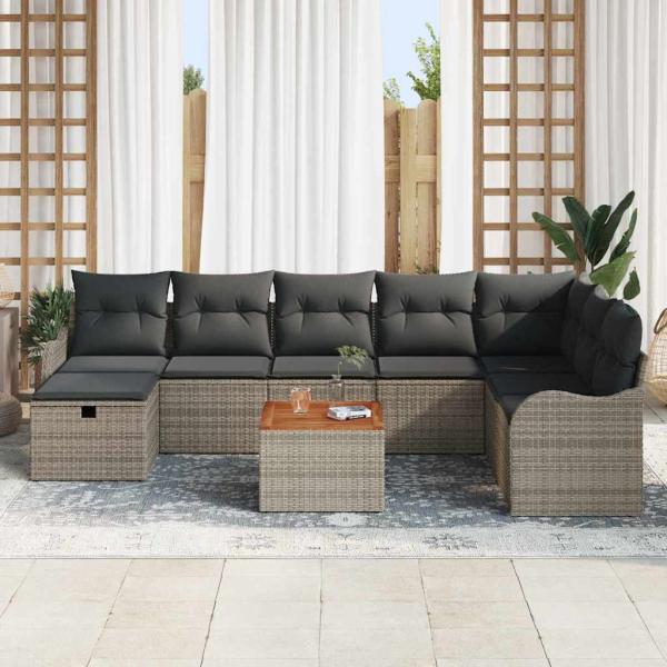9-teiliges Garten Sofa Set mit Kissen Grau Poly Rattan, 2-Sitzer Garten Sofa mit Kissen Grau Poly Rattan