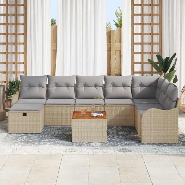 9-teiliges Garten Sofa Set mit Kissen Beige Poly Rattan, 2-Sitzer Garten Sofa mit Kissen Beige Poly Rattan