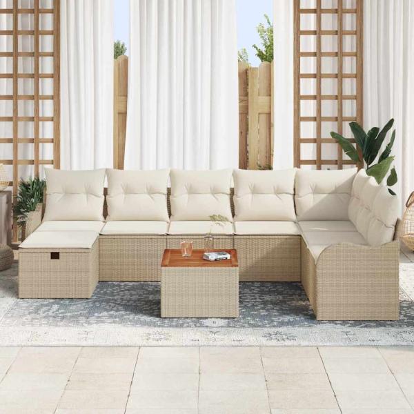 9-teiliges Garten Sofa Set mit Kissen Beige Poly Rattan, 2-Sitzer Garten Sofa mit Kissen Beige Poly Rattan