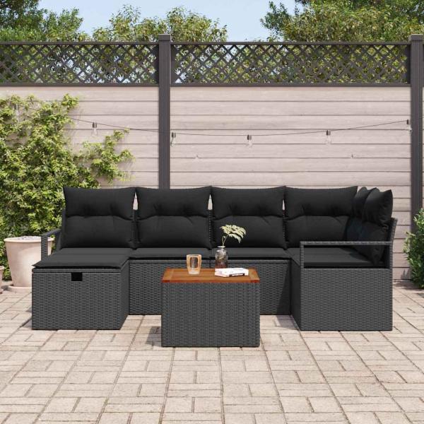 ARDEBO.de - 7-teiliges Garten Sofa Set mit Kissen Schwarzes Poly Rattan, 2-Sitzer Garten Sofa mit Kissen Schwarzes Poly Rattan