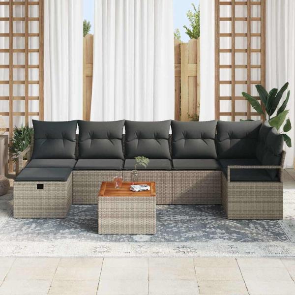 ARDEBO.de - 8-teiliges Garten-Sofa-Set mit Kissen Grau Poly Rattan, 2-sitziges Garten-Sofa mit Kissen Grau Poly Rattan