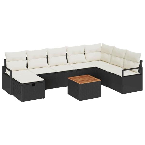 9-teiliges Garten Sofa Set mit Kissen Schwarz Poly Rattan, 2-Sitzer Garten Sofa mit Kissen Schwarz Poly Rattan