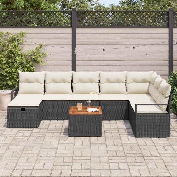 9-teiliges Garten Sofa Set mit Kissen Schwarz Poly Rattan, 2-Sitzer Garten Sofa mit Kissen Schwarz Poly Rattan