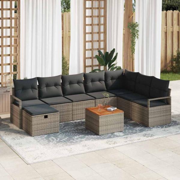 ARDEBO.de - 9-teiliges Garten Sofa Set mit Kissen Grau Poly Rattan, 2-Sitzer Garten Sofa mit Kissen Grau Poly Rattan