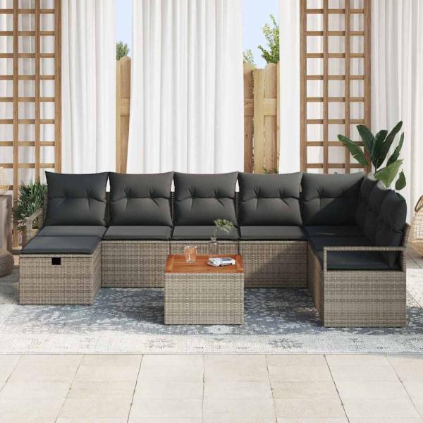 9-teiliges Garten Sofa Set mit Kissen Grau Poly Rattan, 2-Sitzer Garten Sofa mit Kissen Grau Poly Rattan