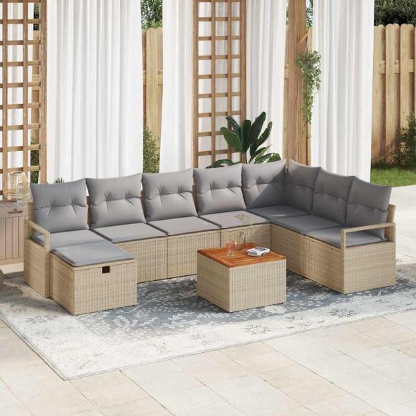 ARDEBO.de - 9-teiliges Garten Sofa Set mit Kissen Beige Poly Rattan, 2-Sitzer Garten Sofa mit Kissen Beige Poly Rattan
