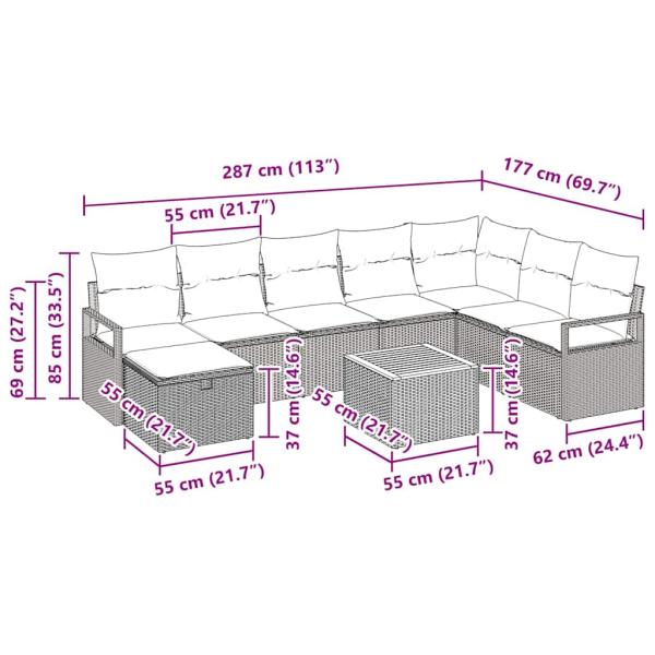 9-teiliges Garten Sofa Set mit Kissen Beige Poly Rattan, 2-Sitzer Garten Sofa mit Kissen Beige Poly Rattan