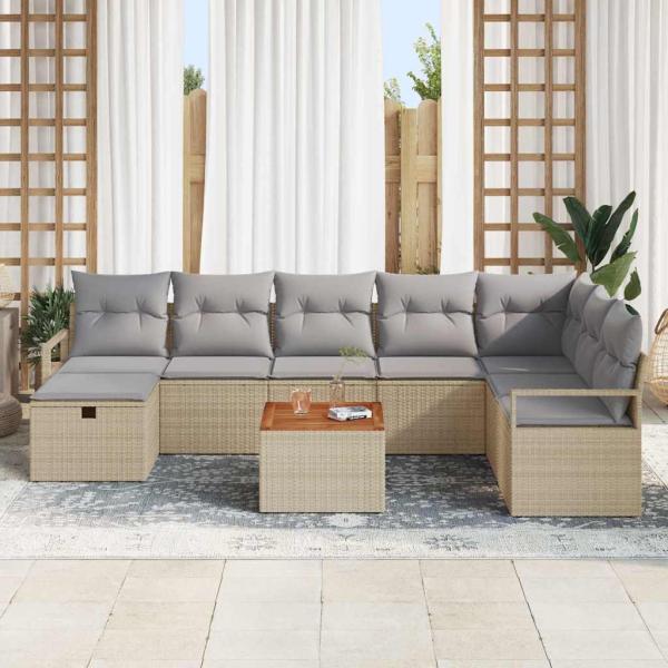9-teiliges Garten Sofa Set mit Kissen Beige Poly Rattan, 2-Sitzer Garten Sofa mit Kissen Beige Poly Rattan