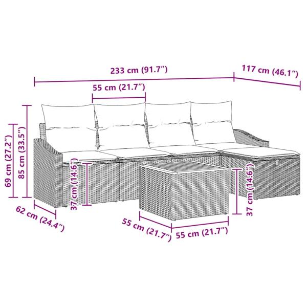 6-teiliges Garten Sofa Set mit Kissen Grau Poly Rattan