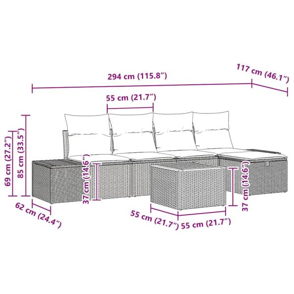 6-teiliges Garten Sofa Set mit Kissen in Grau Poly Rattan
