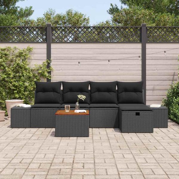 6-teiliges Garten Sofa Set mit Kissen Schwarz Poly Rattan