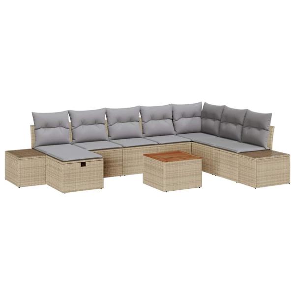 9-teiliges Garten Sofa Set mit Kissen Beige Poly Rattan