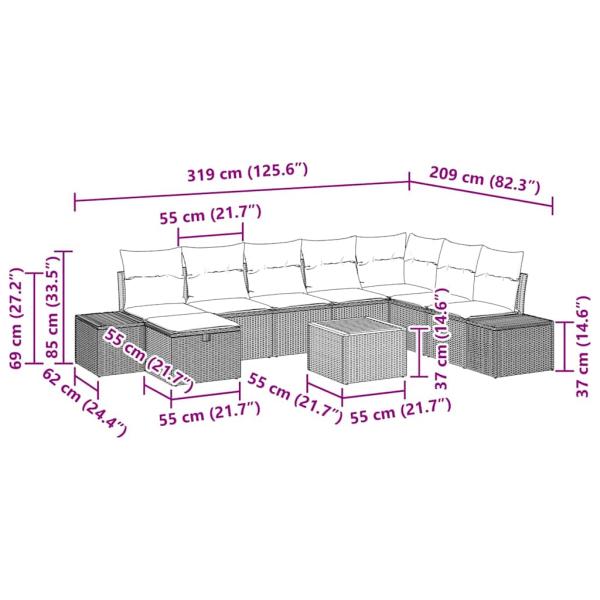 9-teiliges Garten-Sofa-Set mit Kissen Beige Poly Rattan