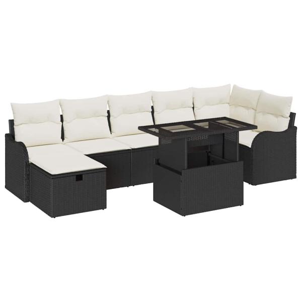 8-teiliges Garten Sofa Set mit Kissen Schwarz Poly Rattan, 2-Sitzer Garten Sofa mit Kissen Schwarz Poly Rattan
