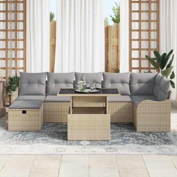 8-teiliges Garten-Sofa-Set mit Kissen Beige Poly Rattan, 2-Sitzer Garten-Sofa mit Kissen Beige Poly Rattan