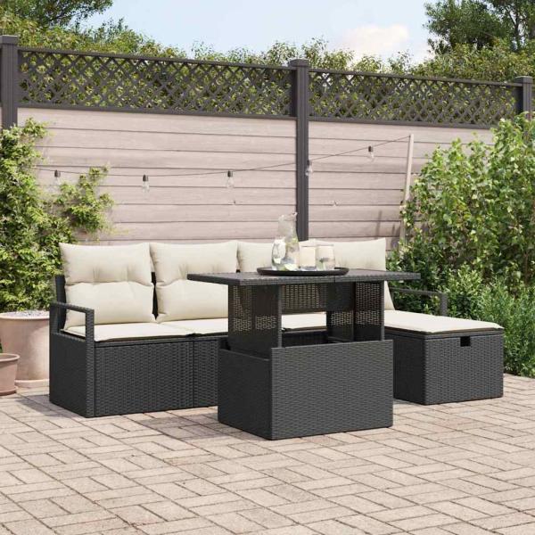 ARDEBO.de - 6-teilige Garten-Sofa-Set mit Kissen Schwarz Poly Rattan, 2-Sitzer Garten-Sofa mit Kissen Schwarz Poly Rattan