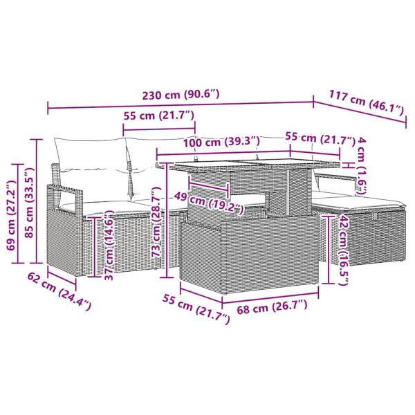 6-teilige Garten-Sofa-Set mit Kissen Schwarz Poly Rattan, 2-Sitzer Garten-Sofa mit Kissen Schwarz Poly Rattan