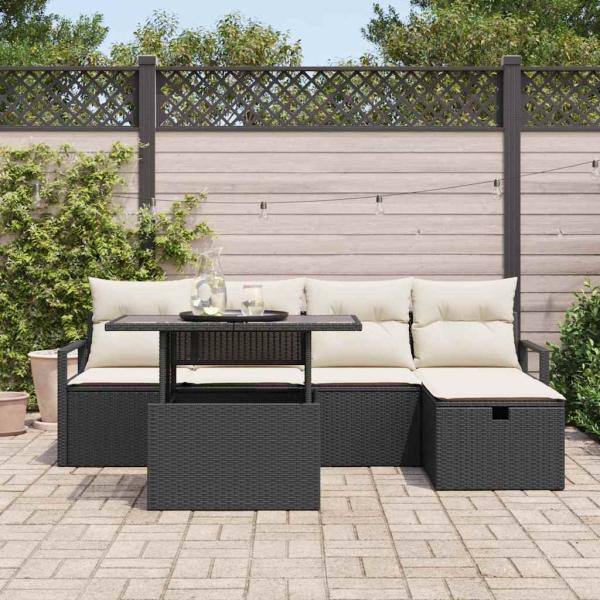 6-teilige Garten-Sofa-Set mit Kissen Schwarz Poly Rattan, 2-Sitzer Garten-Sofa mit Kissen Schwarz Poly Rattan