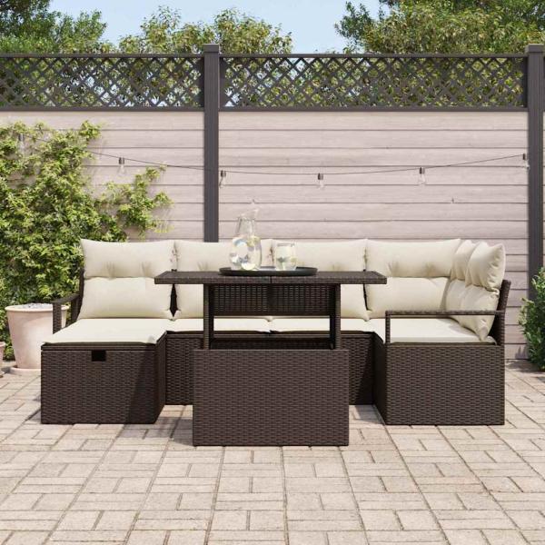 7-teiliges Garten Sofa Set mit Kissen Braun Poly Rattan, 2-Sitzer Garten Sofa mit Kissen Braun Poly Rattan
