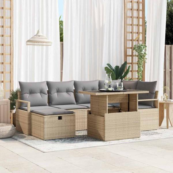 ARDEBO.de - 7-teilige Gartensofagarnitur mit Kissen Beige Poly Rattan, 2-Sitzer Gartensofa mit Kissen Beige Poly Rattan