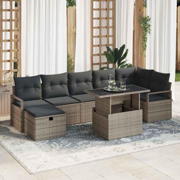 ARDEBO.de - 8-teiliges Garten-Sofa-Set mit Kissen Grau Poly-Rattan, 2-Sitzer Garten-Sofa mit Kissen Grau Poly-Rattan