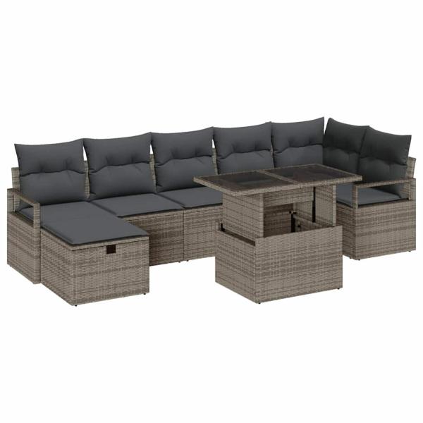 8-teiliges Garten-Sofa-Set mit Kissen Grau Poly-Rattan, 2-Sitzer Garten-Sofa mit Kissen Grau Poly-Rattan