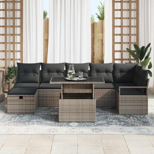 8-teiliges Garten-Sofa-Set mit Kissen Grau Poly-Rattan, 2-Sitzer Garten-Sofa mit Kissen Grau Poly-Rattan