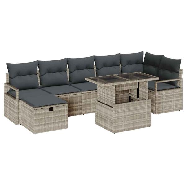 8-teiliges Gartensofa-Set mit Kissen in Hellgrau Poly Rattan,  2-Sitzer Gartensofa mit Kissen in Grauem Poly Rattan