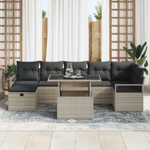 8-teiliges Gartensofa-Set mit Kissen in Hellgrau Poly Rattan,  2-Sitzer Gartensofa mit Kissen in Grauem Poly Rattan