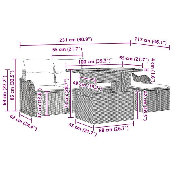 6-teiliges Garten Sofa Set mit Kissen Grau Poly Rattan, 2-Sitzer Garten Sofa mit Kissen Grau Poly Rattan