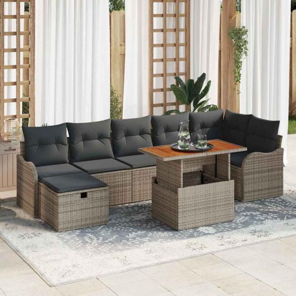 ARDEBO.de - 8-teilige Garten-Sofaset mit Kissen Grau Poly-Rattan, 2-Sitzer Garten-Sofa mit Kissen Grau Poly-Rattan
