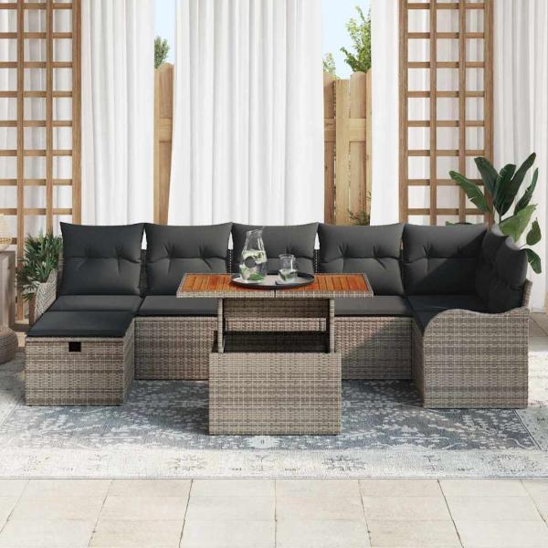 8-teilige Garten-Sofaset mit Kissen Grau Poly-Rattan, 2-Sitzer Garten-Sofa mit Kissen Grau Poly-Rattan
