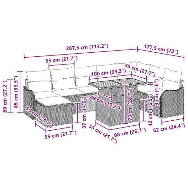 Gartensofa-set mit Kissen mit Speicher 9 pcs Beige Poly-Rattan