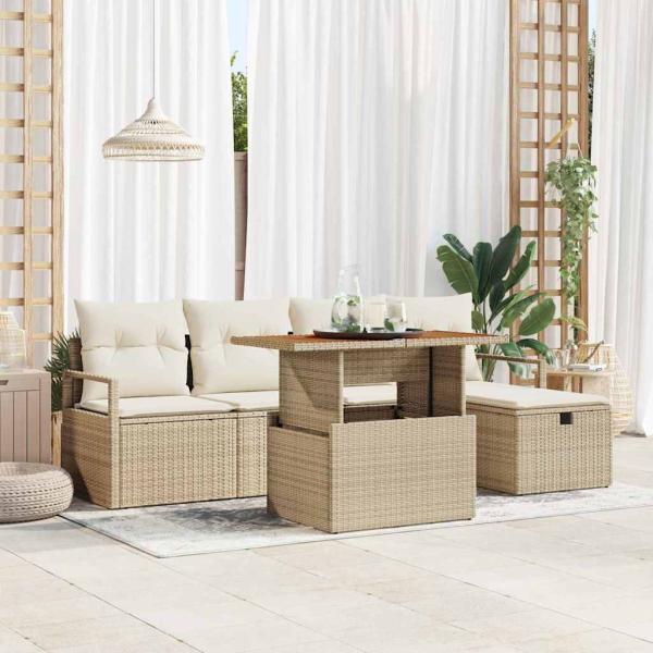 ARDEBO.de - 6-teiliges Garten-Sofa-Set mit Kissen Beige Poly-Rattan, 2-Sitzer Garten-Sofa mit Kissen Beige Poly-Rattan