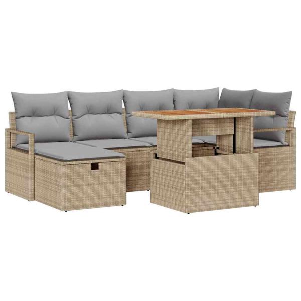ARDEBO.de - 7-teiliges Garten Sofa Set mit Kissen Beige Poly Rattan, 2-Sitzer Garten Sofa mit Kissen Beige Poly Rattan