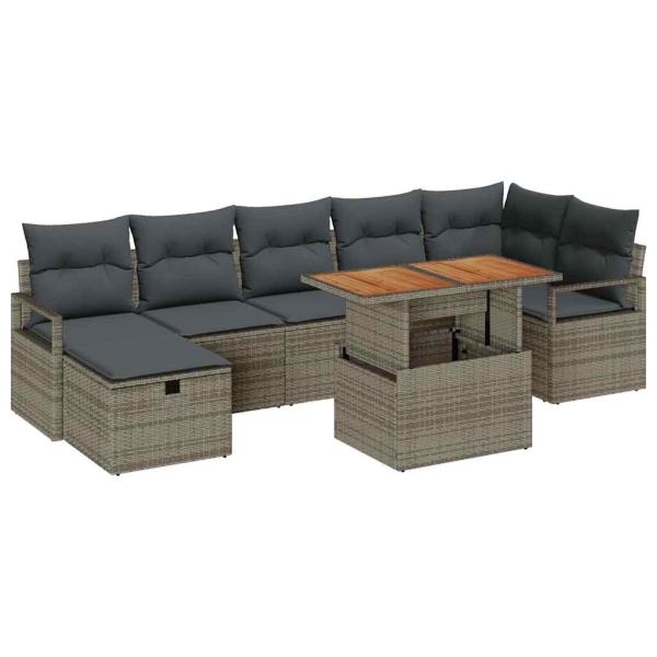 8-teiliges Garten-Sofa-Set mit Kissen Grau Poly Rattan, 2-Sitzer Garten-Sofa mit Kissen Grau Poly Rattan